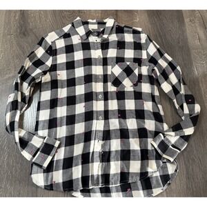 American Eagle Plaid  Boyfriend Shirt Flannel With Pink Hearts Sz S
